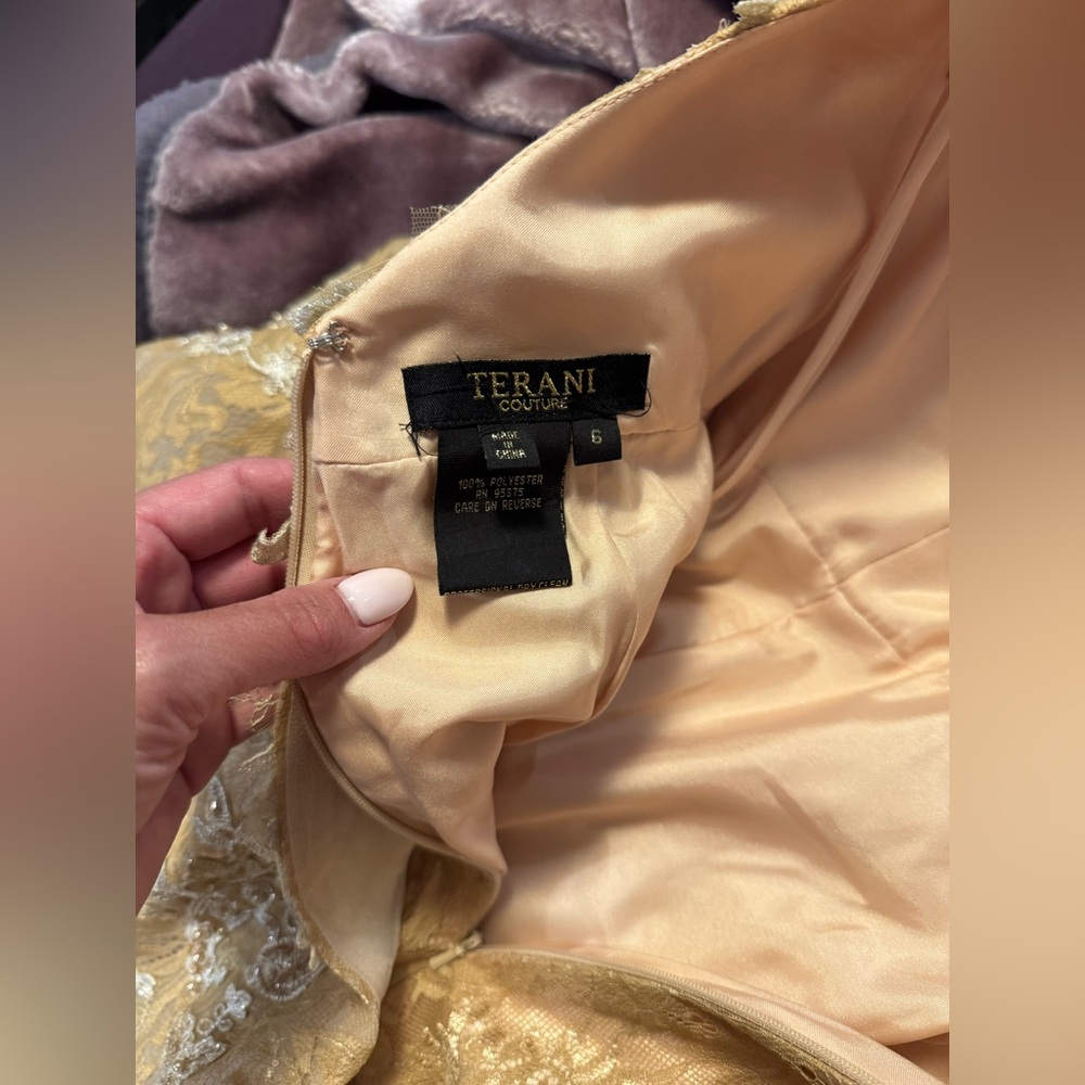 Terani Couture Gold High-Low Ruffled Gown - Picture 6 of 7